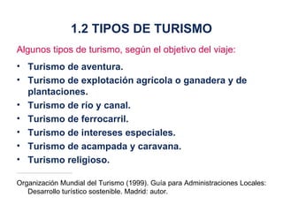 Algunos tipos de turismo, según el objetivo del viaje: Turismo de aventura. Turismo de explotación agrícola o ganadera y de plantaciones. Turismo de río y canal. Turismo de ferrocarril. Turismo de intereses especiales. Turismo de acampada y caravana. Turismo religioso. Organización Mundial del Turismo (1999). Guía para Administraciones Locales: Desarrollo turístico sostenible. Madrid: autor. 1.2 TIPOS DE TURISMO 