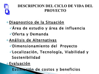 Diagnostico de la Situación Área de estudio y área de influencia Oferta y Demanda Análisis de Alternativas Dimensionamiento del  Proyecto Localización, Tecnología, Viabilidad y Sostenibilidad Evaluación Estimación de costos y beneficios Indicadores privados y sociales DESCRIPCION DEL CICLO DE VIDA DEL PROYECTO 