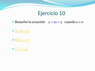 Ejercicio 10
 Resuelve la ecuación   y = 2x + 5 cuando x = 0

 A: ( 0 , 5 )

 B: ( 5 , 2 )

 C: ( 1 , 4)
 