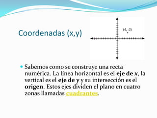 Coordenadas (x,y)


 Sabemos como se construye una recta
  numérica. La línea horizontal es el eje de x, la
  vertical es el eje de y y su intersección es el
  origen. Estos ejes dividen el plano en cuatro
  zonas llamadas cuadrantes.
 