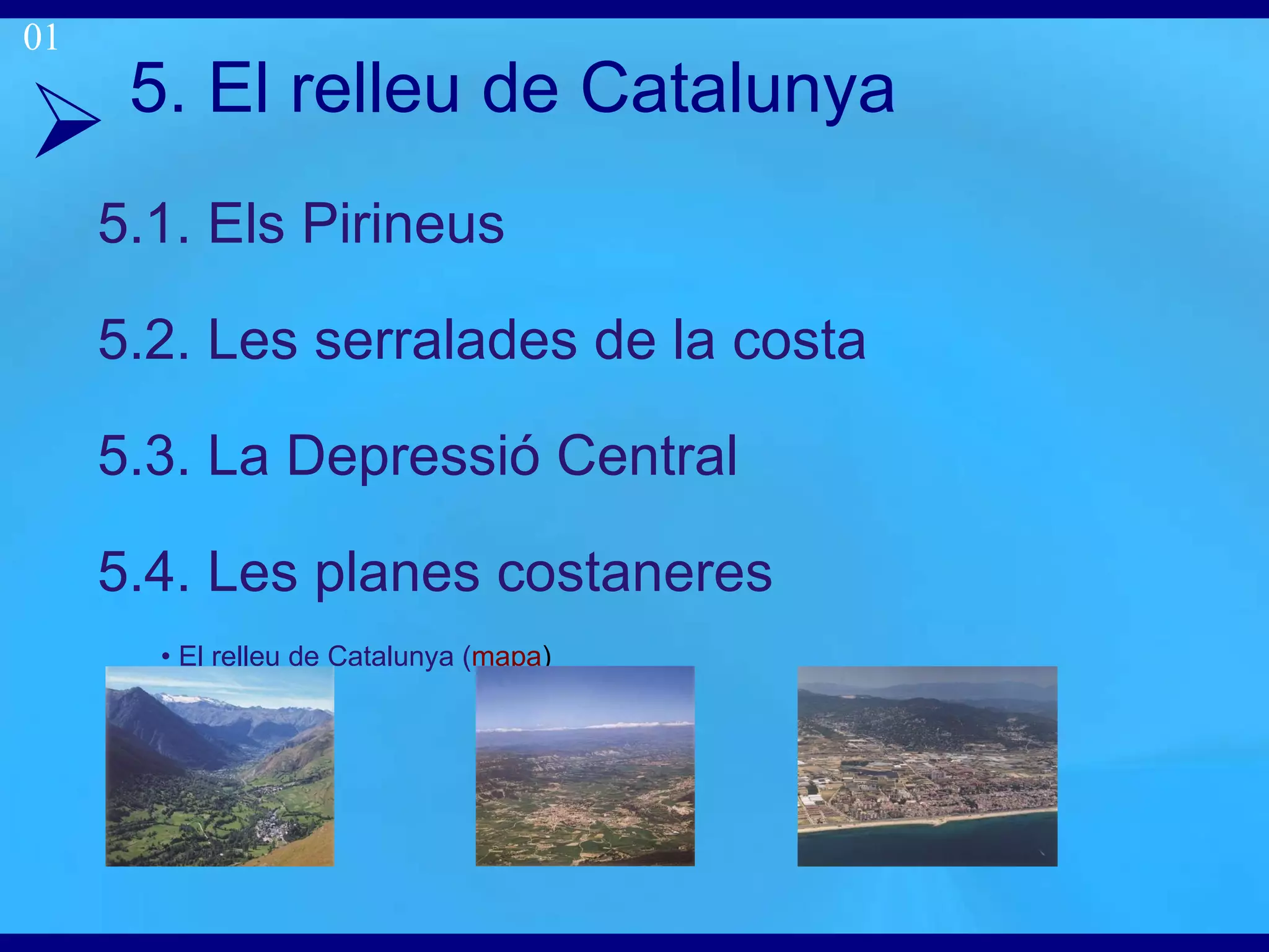 5. El relleu de Catalunya 5.1. Els Pirineus 5.2. Les serralades de la costa 5.3. La Depressió Central 5.4. Les planes costaneres •  El relleu de Catalunya ( mapa )‏ 01 