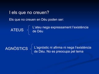I els que no creuen? Els que no creuen en Déu poden ser: ATEUS L’ateu nega expressament l’existència de Déu AGNÒSTICS L’agnòstic ni afirma ni nega l’existència de Déu. No es preocupa pel tema 