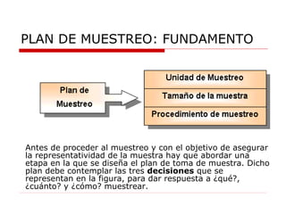 PLAN DE MUESTREO: FUNDAMENTO Antes de proceder al muestreo y con el objetivo de asegurar la representatividad de la muestra hay que abordar una etapa en la que se diseña el plan de toma de muestra. Dicho plan debe contemplar las tres  decisiones  que se representan en la figura, para dar respuesta a ¿qué?, ¿cuánto? y ¿cómo? muestrear.  