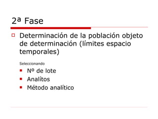2ª Fase Determinación de la población objeto de determinación (límites espacio temporales) Seleccionando Nº de lote Analítos Método analítico 