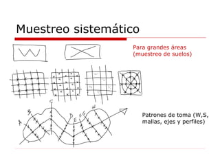Muestreo sistemático Patrones de toma (W,S, mallas, ejes y perfiles) Para grandes áreas (muestreo de suelos) 