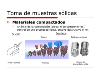 Toma de muestras sólidas Materiales compactados Análisis de la composición (global o de componentes), control de una propiedad física, ensayo destructivo o no. Palas y sondas Suelos Sondeos Ripios  Testigo continuo Triconos Corona de diamantes o widia 