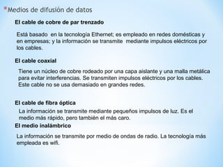 Medios de difusión de datos El cable de cobre de par trenzado   Está basado  en la tecnología Ethernet; es empleado en redes domésticas y en empresas; y la información se transmite  mediante impulsos eléctricos por los cables. El cable coaxial Tiene un núcleo de cobre rodeado por una capa aislante y una malla metálica para evitar interferencias. Se transmiten impulsos eléctricos por los cables. Este cable no se usa demasiado en grandes redes. El cable de fibra óptica La información se transmite mediante pequeños impulsos de luz. Es el medio más rápido, pero también el más caro. El medio inalámbrico La información se transmite por medio de ondas de radio. La tecnología más empleada es wifi.  