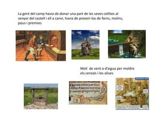 La gent del camp havia de donar una part de les seves collites al
senyor del castell i ell a canvi, havia de proveir-los de forns, molins,
pous i premses




                                          Molí de vent o d’aigua per moldre
                                          els cereals i les olives
 