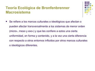 Teoría Ecológica de Bronfenbrenner
Macrosistema

   Se refiere a los marcos culturales o ideológicos que afectan o
    pueden afectar transversalmente a los sistemas de menor orden
    (micro-, meso y exo-) y que les confiere a estos una cierta
    uniformidad, en forma y contenido, y a la vez una cierta diferencia
    con respecto a otros entornos influidos por otros marcos culturales
    o ideológicos diferentes.
 