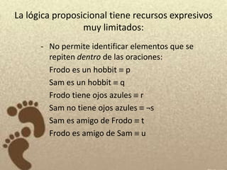 La lógica proposicional tiene recursos expresivos
                 muy limitados:
      - No permite identificar elementos que se
        repiten dentro de las oraciones:
        Frodo es un hobbit p
        Sam es un hobbit q
        Frodo tiene ojos azules r
        Sam no tiene ojos azules ¬s
        Sam es amigo de Frodo t
        Frodo es amigo de Sam u
 