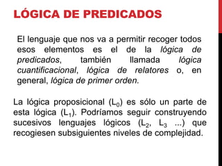 LÓGICA DE PREDICADOS

El lenguaje que nos va a permitir recoger todos
esos elementos es el de la lógica de
predicados,      también      llamada    lógica
cuantificacional, lógica de relatores o, en
general, lógica de primer orden.

La lógica proposicional (L0) es sólo un parte de
esta lógica (L1). Podríamos seguir construyendo
sucesivos lenguajes lógicos (L2, L3 ...) que
recogiesen subsiguientes niveles de complejidad.
 