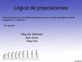 Lógica de proposiciones
Una proposición es una sentencia simple que tiene un valor asociado ya sea de
verdadero (V), o falso (F).

 Por ejemplo:



                   Hoy es Viernes
                        Ayer llovió
                        Hace frío
 