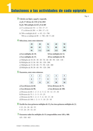 1
Soluciones a las actividades de cada epígrafe
                                                                                            Pág. 4
     3   Calcula con lápiz y papel y responde.
         a) ¿Es 17 divisor de 153? ¿Y de 204?
         b) ¿Es 780 múltiplo de 65? ¿Y de 80?
         a) 17 es divisor de 153 8 153 : 17 = 9
            17 es divisor de 204 8 204 : 17 = 12
         b) 780 es múltiplo de 65 8 65 · 12 = 780
            780 no es múltipo de 80 8 780 = 80 · 9 + 60

     4   Selecciona, entre estos números:
                             20            30      36           40          50
                             60            65      75           80          90
                             96            112     120         222        300
         a) Los múltiplos de 10.                     b) Los múltiplos de 12.
         c) Los múltiplos de 15.                     d) Los múltiplos de 30.
         a) Múltiplos de 10: 20 - 30 - 40 - 50 - 60 - 80 - 90 - 120 - 130
         b) Múltiplos de 12: 36 - 60 - 96 - 120 - 300
         c) Múltiplos de 15: 30 - 60 - 75 - 90 - 120 - 300
         d) Múltiplos de 30: 30 - 60 - 90 - 120 - 300

     5   Encuentra, entre estos números:
                              1             2       3            4          5
                              6             7       8            9          10
                             12            15      25           30          50
         a) Los divisores de 60.                     b) Los divisores de 75.
         c) Los divisores de 90.                     c) Los divisores de 100.
         a) Divisores de 60: 1 - 2 - 3 - 4 - 5 - 6 - 10 - 12 - 15 - 30
         b) Divisores de 75: 1 - 3 - 5 - 15 - 25
         c) Divisores de 90: 1 - 2 - 3 - 5 - 6 - 10 - 15 - 30
         d) Divisores de 100: 1 - 2 - 4 - 5 - 10 - 25 - 50

     6   Escribe los cinco primeros múltiplos de 12 y los cinco primeros múltiplos de 13.
         • 12 - 24 - 36 - 48 - 52
         • 13 - 26 - 39 - 52 - 65

     7   Encuentra todos los múltiplos de 15 comprendidos entre 420 y 480.
         435 - 450 - 465



    Unidad 1. Divisibilidad y números enteros
 