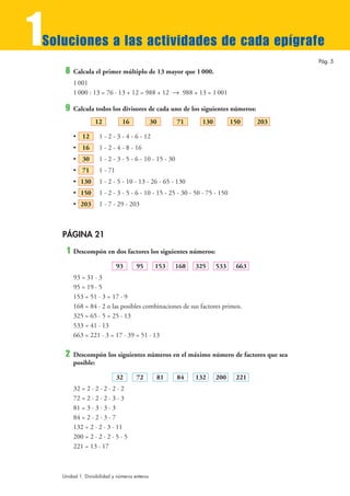 1
Soluciones a las actividades de cada epígrafe
                                                                                          Pág. 5
     8   Calcula el primer múltiplo de 13 mayor que 1 000.
         1 001
         1 000 : 13 = 76 · 13 + 12 = 988 + 12 8 988 + 13 = 1 001

     9   Calcula todos los divisores de cada uno de los siguientes números:
                   12           16              30      71     130           150    203

         • 12        1 - 2 - 3 - 4 - 6 - 12
         • 16        1 - 2 - 4 - 8 - 16
         • 30        1 - 2 - 3 - 5 - 6 - 10 - 15 - 30
         • 71        1 - 71
         • 130       1 - 2 - 5 - 10 - 13 - 26 - 65 - 130
         • 150       1 - 2 - 3 - 5 - 6 - 10 - 15 - 25 - 30 - 50 - 75 - 150
         • 203       1 - 7 - 29 - 203



    PÁGINA 21
     1   Descompón en dos factores los siguientes números:

                              93       95        153   168   325     533      663
         93 = 31 · 3
         95 = 19 · 5
         153 = 51 · 3 = 17 · 9
         168 = 84 · 2 o las posibles combinaciones de sus factores primos.
         325 = 65 · 5 = 25 · 13
         533 = 41 · 13
         663 = 221 · 3 = 17 · 39 = 51 · 13

     2   Descompón los siguientes números en el máximo número de factores que sea
         posible:

                              32       72        81     84   132     200      221
         32 = 2 · 2 · 2 · 2 · 2
         72 = 2 · 2 · 2 · 3 · 3
         81 = 3 · 3 · 3 · 3
         84 = 2 · 2 · 3 · 7
         132 = 2 · 2 · 3 · 11
         200 = 2 · 2 · 2 · 5 · 5
         221 = 13 · 17



    Unidad 1. Divisibilidad y números enteros
 