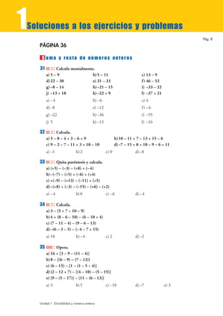 1
Soluciones a los ejercicios y problemas
                                                                                                Pág. 8

    PÁGINA 36

     S uma y resta de números enteros
    31         Calcula mentalmente.
         a) 5 – 9                 b) 5 – 11                                c) 13 – 9
         d) 22 – 30               e) 21 – 33                               f ) 46 – 52
         g) –8 – 14               h)–21 – 15                               i) –33 – 22
         j) –13 + 18              k) –22 + 9                               l) –37 + 21
         a) – 4                            b) –6                           c) 4
         d) –8                             e) –12                          f ) –6
         g) –22                            h) –36                          i) –55
         j) 5                              k) –13                          l) –16

    32         Calcula.
         a) 5 – 8 – 4 + 3 – 6 + 9                          b) 10 – 11 + 7 – 13 + 15 – 6
         c) 9 – 2 – 7 – 11 + 3 + 18 – 10                   d) –7 – 15 + 8 + 10 – 9 – 6 + 11
         a) –1                 b) 2                 c) 0               d) –8

    33         Quita paréntesis y calcula.
         a) (+5) – (–3) – (+8) + (– 4)
         b) –(–7) – (+5) + (–6) + (+4)
         c) +(–9) – (+13) – (–11) + (+5)
         d) –(+8) + (–3) – (–15) – (+6) – (+2)
         a) – 4                b) 0                 c) – 6             d) – 4

    34         Calcula.
         a) 3 – (5 + 7 – 10 – 9)
         b) 4 + (8 – 6 – 10) – (6 – 10 + 4)
         c) (7 – 11 – 4) – (9 – 6 – 13)
         d) –(6 – 3 – 5) – (– 4 – 7 + 15)
         a) 10                 b) – 4               c) 2               d) –2

    35         Opera.
         a) 16 + [3 – 9 – (11 – 4)]
         b) 8 – [(6 – 9) – (7 – 13)]
         c) (6 – 15) – [1 – (1 – 5 – 4)]
         d) (2 – 12 + 7) – [(4 – 10) – (5 – 15)]
         e) [9 – (5 – 17)] – [11 – (6 – 13)]
         a) 3                  b) 5                 c) –18             d) –7             e) 3



    Unidad 1. Divisibilidad y números enteros
 