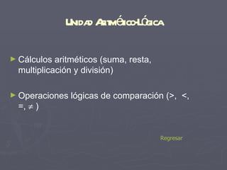 Unida Ait éico- ó
                   d r m t L gica

► Cálculos  aritméticos (suma, resta,
  multiplicación y división)

► Operaciones   lógicas de comparación (>, <,
  =, ≠ )


                                        Regresar
 