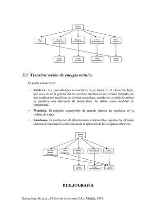 5.3. Transformación de energía térmica
    Se puede convertir en:

    –   Eléctrica. Los convertidores termoeléctricos se basan en el efecto Seebeck,
        que consiste en la generación de corriente eléctrica en un circuito formado por
        dos conductores metálicos de distinta naturaleza, cuando en la unión de ambos
        se establece una diferencia de temperatura. Se utiliza como medidor de
        temperatura.
    –   Mecánica. El principal convertidor de energía térmica en mecánica es la
        turbina de vapor.
    –   Luminosa. La combustión de determinados combustibles líquidos fue el único
        sistema de iluminación conocido hasta la aparición de las lamparas eléctricas.




                                BIBLIOGRAFÍA


Barrachina, M, et al.; El libro de la energía, FAE, Madrid, 1987.
 