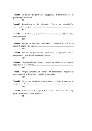 Tema 11. El proceso de producción agropecuaria. Características de un
proyecto agrícola escolar ........................................................................................
           391

Tema 12. Tratamientos de los alimentos. Técnicas de manipulación,
conservación y transporte .......................................................................................
           427

Tema 13. La distribución y comercialización de los productos. El mercado y
sus leyes básicas ......................................................................................................
            469

Tema 14. Métodos de expresión, exploración y evaluación de ideas en el
desarrollo de proyectos técnicos .............................................................................
            513

Tema 15. Técnicas de planificación, organización y seguimiento de la
producción. La planificación en el ámbito escolar .................................................
           547

Tema 16. Administración de recursos y gestión de medios en los sistemas
organizativos de la empresa ....................................................................................
           593

Tema 17. Riesgos derivados del manejo de herramientas, máquinas y
materiales técnicos. Elementos y medidas de protección .......................................
            637

Tema 18. Factores que intervienen en los accidentes y criterios de reducción de
riesgos en el taller ...................................................................................................
            683

Tema 19. Normas de salud y seguridad en el taller. Criterios de actuación y
primeros auxilios en caso de accidente ...................................................................
           721
 