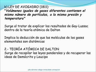 b) LEY DE AVOGADRO (1811)
"Volúmenes iguales de gases diferentes contienen el
mismo número de partículas, a la misma presión y
temperatura"
Surge al tratar de explicar los resultados de Gay-Lussac
dentro de la teoría atómica de Dalton
Implica la deducción de que las moléculas de los gases
elementales son diatómicas 
2.- TEORÍA ATÓMICA DE DALTON
Surge de recopilar las leyes ponderales y de recuperar las
ideas de Demócrito y Leucipo
julio sánchez colegio inmaculada concepcion
 