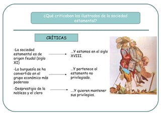 ¿Qué criticaban los ilustrados de la sociedad
                                 estamental?



                       CRÍTICAS

-La sociedad                      …Y estamos en el siglo
estamental es de
                                  XVIII.
origen feudal (siglo
XI)
-La burguesía se ha               …Y pertenece al
convertido en el                  estamento no
grupo económico más               privilegiado.
poderoso
-Desprestigio de la
                                  ….Y quieren mantener
nobleza y el clero
                                  sus privilegios.
 