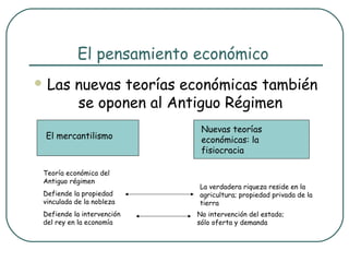 El pensamiento económico
 Las      nuevas teorías económicas también
           se oponen al Antiguo Régimen
                             Nuevas teorías
 El mercantilismo            económicas: la
                             fisiocracia

 Teoría económica del
 Antiguo régimen
                            La verdadera riqueza reside en la
 Defiende la propiedad      agricultura; propiedad privada de la
 vinculada de la nobleza    tierra
 Defiende la intervención   No intervención del estado;
 del rey en la economía     sólo oferta y demanda
 