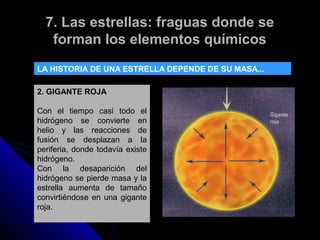 7. Las estrellas: fraguas donde se
   forman los elementos químicos
LA HISTORIA DE UNA ESTRELLA DEPENDE DE SU MASA...

2. GIGANTE ROJA

Con el tiempo casi todo el
hidrógeno se convierte en
helio y las reacciones de
fusión se desplazan a la
periferia, donde todavía existe
hidrógeno.
Con la desaparición del
hidrógeno se pierde masa y la
estrella aumenta de tamaño
convirtiéndose en una gigante
roja.
 