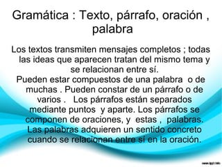 Gramática : Texto, párrafo, oración ,
              palabra
Los textos transmiten mensajes completos ; todas
  las ideas que aparecen tratan del mismo tema y
                se relacionan entre sí.
 Pueden estar compuestos de una palabra o de
    muchas . Pueden constar de un párrafo o de
       varios . Los párrafos están separados
     mediante puntos y aparte. Los párrafos se
    componen de oraciones, y estas , palabras.
    Las palabras adquieren un sentido concreto
     cuando se relacionan entre sí en la oración.
 