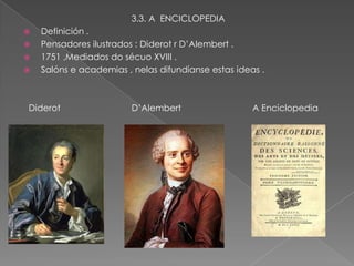 3.3. A ENCICLOPEDIA
   Definición .
   Pensadores ilustrados : Diderot r D’Alembert .
   1751 ,Mediados do sécuo XVIII .
   Salóns e academias , nelas difundíanse estas ideas .



Diderot                  D’Alembert                  A Enciclopedia
 