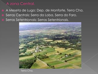  A Meseta de Lugo: Dep. de Monforte, Terra Cha.
 Serras Centrais: Serra da Loba, Serra do Faro.
 Serras Setentrionais: Serras Setentrionais.




           Terra Cha.
 