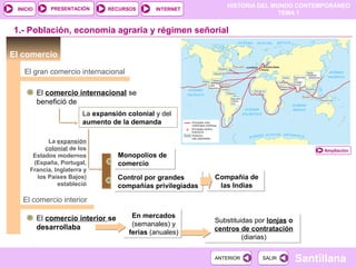 HISTORIA DEL MUNDO CONTEMPORÁNEO
TEMA 1
RECURSOS INTERNETPRESENTACIÓN
Santillana
INICIO
SALIRSALIRANTERIORANTERIOR
El comercio
Monopolios de
comercio
Monopolios de
comercio
Control por grandes
compañías privilegiadas
Control por grandes
compañías privilegiadas
Ampliación
1.- Población, economía agraria y régimen señorial
El gran comercio internacional
El comercio internacional se
benefició de
La expansión colonial y del
aumento de la demanda
La expansión
colonial de los
Estados modernos
(España, Portugal,
Francia, Inglaterra y
los Países Bajos)
estableció
Compañía de
las Indias
Compañía de
las Indias
El comercio interior
El comercio interior se
desarrollaba
En mercados
(semanales) y
ferias (anuales)
En mercados
(semanales) y
ferias (anuales)
Substituidas por lonjas o
centros de contratación
(diarias)
Substituidas por lonjas o
centros de contratación
(diarias)
 