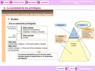 HISTORIA DEL MUNDO CONTEMPORÁNEO
TEMA 1
RECURSOS INTERNETPRESENTACIÓN
Santillana
INICIO
SALIRSALIRANTERIORANTERIOR
Los estamentos sociales del Antiguo Régimen
El clero
2.- La sociedad de los privilegios
Era un estamento privilegiado
Se dividía en
dos grupos
Clero regular
(órdenes monásticas y
religiosas, monjes y monjas)
Clero secular
(curas)
Con
diversidad
Alto clero
(cardenales, obispos...) Con gran poder y riqueza
Bajo clero
(curas, monjes...) Vivían de forma modesta, incluso
en la pobreza
La carrera eclesiástica era la vía para poder
acceder desde el estado llano a un estamento
privilegiado
 