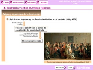 HISTORIA DEL MUNDO CONTEMPORÁNEO
TEMA 1
RECURSOS INTERNETPRESENTACIÓN
Santillana
INICIO
SALIRSALIRANTERIORANTERIOR
Origen y expansión de la ilustración
Se inició en Inglaterra y las Provincias Unidas, en el período 1680 y 1730Se inició en Inglaterra y las Provincias Unidas, en el período 1680 y 1730
Se difundió por
Europa
Francia se convirtió en el centro de
esa difusión del ideario ilustrado
Francia se convirtió en el centro de
esa difusión del ideario ilustrado
4.- Ilustración y crítica al Antiguo Régimen
Las ideas reformistas
acompañaron a las grandes
monarquías europeas
Reformismo ilustradoReformismo ilustrado
Reunión de artistas en el estudio de Isabey, por Louis-Léopold Boilly
 