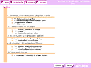 HISTORIA DEL MUNDO CONTEMPORÁNEO
TEMA 1
RECURSOS INTERNETPRESENTACIÓN
Santillana
INICIO
SALIRSALIRANTERIORANTERIOR
1.- Población, economía agraria y régimen señorial
1.1.- La transición demográfica
1.2.- Una economía preindustrial de base agraria
1.3.- La industria artesanal
1.4.- El comercio
2.- La sociedad de los privilegios
2.1.- Nobleza y aristocracia en Europa
2.2.- El clero
2.3.- El pueblo llano o tercer estado
3.- El absolutismo y su práctica de gobierno
3.1.- La monarquía absoluta y sus límites
3.2.- Los regímenes parlamentarios
Índice
4.- Ilustración y crítica al Antiguo Régimen
4.1.- Las bases del pensamiento ilustrado
4.2.- Origen y expansión de la Ilustración
4.3.- Los grandes pensadores ilustrados
5.- Técnicas de historia
5.1.- El análisis y comentario de un texto histórico
 