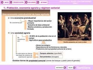 HISTORIA DEL MUNDO CONTEMPORÁNEO
TEMA 1
RECURSOS INTERNETPRESENTACIÓN
Santillana
INICIO
SALIRSALIRANTERIORANTERIOR
Una economía preindustrial de base agrícola
Una economía preindustrial
- Mayor importancia del sector
primario
-Industria de base artesanal
-Medios arcaicos y producción
limitada
Una sociedad agraria
Familia campesina, por Louis Le-Nain
1.- Población, economía agraria y régimen señorial
Se caracteriza por
- El 80% de la población vive en el
campo
-Agricultura poco productiva
Se
caracteriza
por
- Atraso tecnológico
- Dependencia de los fenómenos naturales
- Predominio de la propiedad señorial de la tierra
En esta época se dieron
dos tipos de sistema de
explotación agrícola
Campos abiertos (openfield)
Cercamientos (bocages)
Existían tierras de propiedad comunal (zonas de bosque y pasto para el ganado)
 
