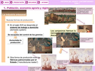 HISTORIA DEL MUNDO CONTEMPORÁNEO
TEMA 1
RECURSOS INTERNETPRESENTACIÓN
Santillana
INICIO
SALIRSALIRANTERIORANTERIOR
Nuevas formas de producción
En el siglo XVII se desarrolla el
sistema de trabajo a domicilio
(domestic system)
Se escapaba del control de los gremiosSe escapaba del control de los gremios
La industria artesanal
1.- Población, economía agraria y régimen señorial
Un empresario capitalista
compra la materia prima y
la distribuye entre familias
campesinas
Un empresario capitalista
compra la materia prima y
la distribuye entre familias
campesinas
Los campesinos fabrican la
mercancía en los meses de
descanso agrario
Los campesinos fabrican la
mercancía en los meses de
descanso agrario
El empresario capitalista
recoge el producto
El empresario capitalista
recoge el producto
El empresario se ocupa
de distribuir o vender la
mercancía
El empresario se ocupa
de distribuir o vender la
mercancía
Aumentaba la
producción
Aumentaba la
producción
Otra forma de producción eran las
fábricas patrocinadas por el
Estado (“manufacturas reales”)
 