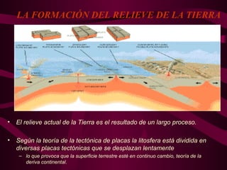 LA FORMACIÓN DEL RELIEVE DE LA TIERRA
• El relieve actual de la Tierra es el resultado de un largo proceso.
• Según la teoría de la tectónica de placas la litosfera está dividida en
diversas placas tectónicas que se desplazan lentamente
– lo que provoca que la superficie terrestre esté en continuo cambio, teoría de la
deriva continental.
 