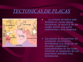 TECTONICAS DE PLACAS
• La corteza terrestre está
dividida en varias placas
tectónicas, la mayoría de las
cuales tienen una parte
continental y otra oceánica.
• Las placas se encuentran en
constante movimiento,
formándose a lo largo de las
dorsales oceánicas y
consumiéndose en las fosas,
mientras se desplazan de sus
posiciones actuales muy
lentamente.
 