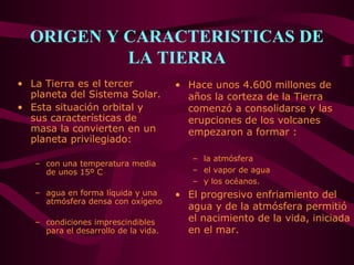 ORIGEN Y CARACTERISTICAS DE
LA TIERRA
• La Tierra es el tercer
planeta del Sistema Solar.
• Esta situación orbital y
sus características de
masa la convierten en un
planeta privilegiado:
– con una temperatura media
de unos 15º C
– agua en forma líquida y una
atmósfera densa con oxígeno
– condiciones imprescindibles
para el desarrollo de la vida.
• Hace unos 4.600 millones de
años la corteza de la Tierra
comenzó a consolidarse y las
erupciones de los volcanes
empezaron a formar :
– la atmósfera
– el vapor de agua
– y los océanos.
• El progresivo enfriamiento del
agua y de la atmósfera permitió
el nacimiento de la vida, iniciada
en el mar.
 