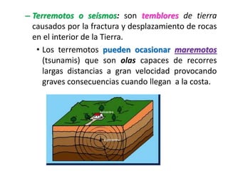 – Terremotos o seísmos: son temblores de tierra
causados por la fractura y desplazamiento de rocas
en el interior de la Tierra.
• Los terremotos pueden ocasionar maremotos
(tsunamis) que son olas capaces de recorres
largas distancias a gran velocidad provocando
graves consecuencias cuando llegan a la costa.

 