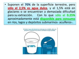 • Suponen el 70% de la superficie terrestre, pero
sólo el 2,5% es agua dulce, y el 1,5% está en
glaciares o se encuentran a demasiada dificultad
para su extracción. Con lo que sólo el 0.25%
aproximadamente está disponible para consumo
en ríos, lagos y depósitos submarinos- acuíferos-.

 