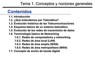 Tema 1. Conceptos y nociones generales

Contenidos
1.1. Introducción
1.2. ¿Qué entendemos por Telemática?
1.3. Evolución histórica de las Telecomunicaciones
1.4. Esquema básico de un sistema telemático
1.5. Evolución de las redes de transmisión de datos
1.6. Terminología básica de Networking
1.6.1. Redes de computadores y networking
1.6.2. Redes de área local (LAN)
1.6.3. Redes de área amplia (WAN)
1.6.4. Redes de área metropolitana (MAN)
1.7. Concepto de ancho de banda digital

 
