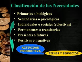 Clasificación de las Necesidades
•
•
•
•
•
•

Primarias o biológicas
Secundarias o psicológicas
Individuales o sociales (colectivas)
Permanentes o transitorias
Presentes o futuras
Positivas o negativas
ACTIVIDAD
PRODUCTIVA

BIENES Y SERVICIOS
7

 