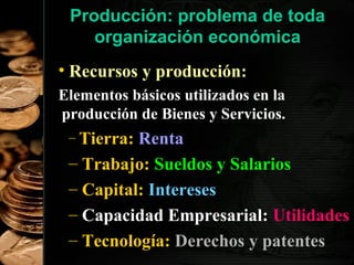 Producción: problema de toda
organización económica
• Recursos y producción:
Elementos básicos utilizados en la
producción de Bienes y Servicios.
– Tierra:

Renta
– Trabajo: Sueldos y Salarios
– Capital: Intereses
– Capacidad Empresarial: Utilidades
– Tecnología: Derechos y patentes
11

 
