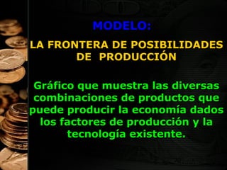 MODELO:
LA FRONTERA DE POSIBILIDADES
DE PRODUCCIÓN
Gráfico que muestra las diversas
combinaciones de productos que
puede producir la economía dados
los factores de producción y la
tecnología existente.
30

 