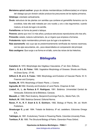 Meristema apical caulinar: grupo de células meristemáticas (indiferenciadas) en el ápice
del vástago que por división celular produce los precursores de los tejidos primarios.
Ortótropo: orientado verticalmente.
Óvulo: estructura de las plantas con semillas que contiene el gametófito femenino con la
ovocélula, toda ella está rodeada por una nucela y uno o dos tegumentos; cuando
madura, el óvulo da lugar a la semilla.
Parietiforme: en forma de pared o tabique.
Perenne: planta que vive 3 ó más años y produce estructuras reproductoras año tras año.
Primordio: estado, todavía rudimentario, de un órgano que empieza a formarse.
Protodermis: tejido meristemático primario que da lugar a la epidermis.
Raíz axonomorfa: raíz cuyo eje es predominantemente ramificada de manera racemosa,
con los ejes secundarios, etc., poco desarrollados en comparación del principal.
Raíz caulógena: Que surge o se forma en el tallo, como las raíces de los helechos.

Bibliografía
Camefort, H. 1972. Morphologie des Végétaux Vasculaires. 2a ed. Doin, Éditeurs.
Clark L. G. & J. B. Fisher. 1986. Vegetative Morphology of Grasses: Shoots and Roots.
Int.Grass Symp.: 37-45.
Gifford, E. M. et A. S. Foster. 1989. Morphology and Evolution of Vascular Plants. W. H.
Freeman and Company.
Guédès, M. 1979. Morphology of Seed- Plants. J. Cramer.
Ingrouille, M.1992. Diversity and Evolution of Land Plants. Chapman & Hall.
Lindorf, H., L. de Parisca & P. Rodriguez. 1991. Botánica. Universidad Central de
Venezuela. Ediciones de la Biblioteca. Caracas.
Mauseth, J. 1988. Plant Anatomy. Benjamin/Cummings Pub.Co., Menlo Park, CA.
Nultsch, W. 1996. Botánica General. Editorial Norma.
Raven, P. H., R. F. Evert & S. E. Eichhorn. 1992. Biology of Plants, 5th. ed. Worth
Publishers.
Strasburger E. y col. 1994. Tratado de Botánica, 8ª ed. castellano. Ediciones Omega
S.A.
Takhtajan, A. 1991. Evolutionary Trends in Flowering Plants. Columbia University Press.
Tomlison, P. B. 1990. The Structural Biology of Palms. Clarendon Press Oxford.
Hipertextos de Botánica Morfológica – TEMA 1
www.biologia.edu.ar/botanica

27

 