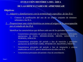 Tema 1
EVOLUCIÓN HISTÓRICA DEL ÁREAEVOLUCIÓN HISTÓRICA DEL ÁREA
DE LAS DIFICULTADES DE APRENDIZAJEDE LAS DIFICULTADES DE APRENDIZAJE
2. Proporcionar una visión histórica en torno al origen de la preocupación2. Proporcionar una visión histórica en torno al origen de la preocupación
por el estudio de las D.A.por el estudio de las D.A.
Identificar las características que definen cada uno de los períodos históricosIdentificar las características que definen cada uno de los períodos históricos..
- Características principales del período inicial o de los cimientos y principales- Características principales del período inicial o de los cimientos y principales
aportaciones de GALL, HINSHELWOOD, ORTON, GOLDSTEIN yaportaciones de GALL, HINSHELWOOD, ORTON, GOLDSTEIN y
WERNER y STRAUSS.WERNER y STRAUSS.
• Características principales del período o fase de transición y principalesCaracterísticas principales del período o fase de transición y principales
aportaciones de KEPHART, KIRK, MYKEBLUST, McGINNIS y FROSTIG.aportaciones de KEPHART, KIRK, MYKEBLUST, McGINNIS y FROSTIG.
• Características principales del período o fase de integración y criteriosCaracterísticas principales del período o fase de integración y criterios
establecidos en EE.UU. para la identificación de niños con D.A.establecidos en EE.UU. para la identificación de niños con D.A.
• Características principales del período o fase de consolidación.Características principales del período o fase de consolidación.
ObjetivosObjetivos::
1. Adquirir y familiarizarse con la terminología específica de las D.A.1. Adquirir y familiarizarse con la terminología específica de las D.A.
1.1. Conocer la justificación del uso de un amplio conjunto de términosConocer la justificación del uso de un amplio conjunto de términos
referentes a las D.A.referentes a las D.A.
 