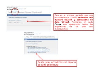Esta es la primera pantalla que nos
encontraremos cuando entremos con
nuestro usuario y contraseña en
Aula Virtual. Pinchando en cada
Curso nos aparecerán todas las
asignaturas en las que nos
matriculamos
Desde aquí accedemos al espacio
de cada asignatura
 