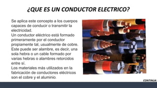 ¿QUE ES UN CONDUCTOR ELECTRICO?
Se aplica este concepto a los cuerpos
capaces de conducir o transmitir la
electricidad.
Un conductor eléctrico está formado
primeramente por el conductor
propiamente tal, usualmente de cobre.
Este puede ser alambre, es decir, una
sola hebra o un cable formado por
varias hebras o alambres retorcidos
entre sí.
Los materiales más utilizados en la
fabricación de conductores eléctricos
son el cobre y el aluminio.
CONTINUA
 