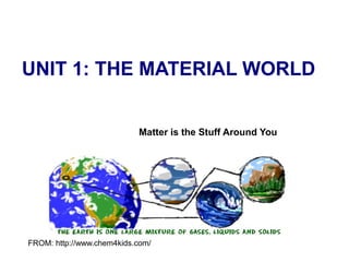 UNIT 1: THE MATERIAL WORLD 
Matter is the Stuff Around You 
FROM: http://www.chem4kids.com/ 
 