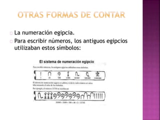 La numeración egipcia. 
Para escribir números, los antiguos egipcios 
utilizaban estos símbolos: 
 